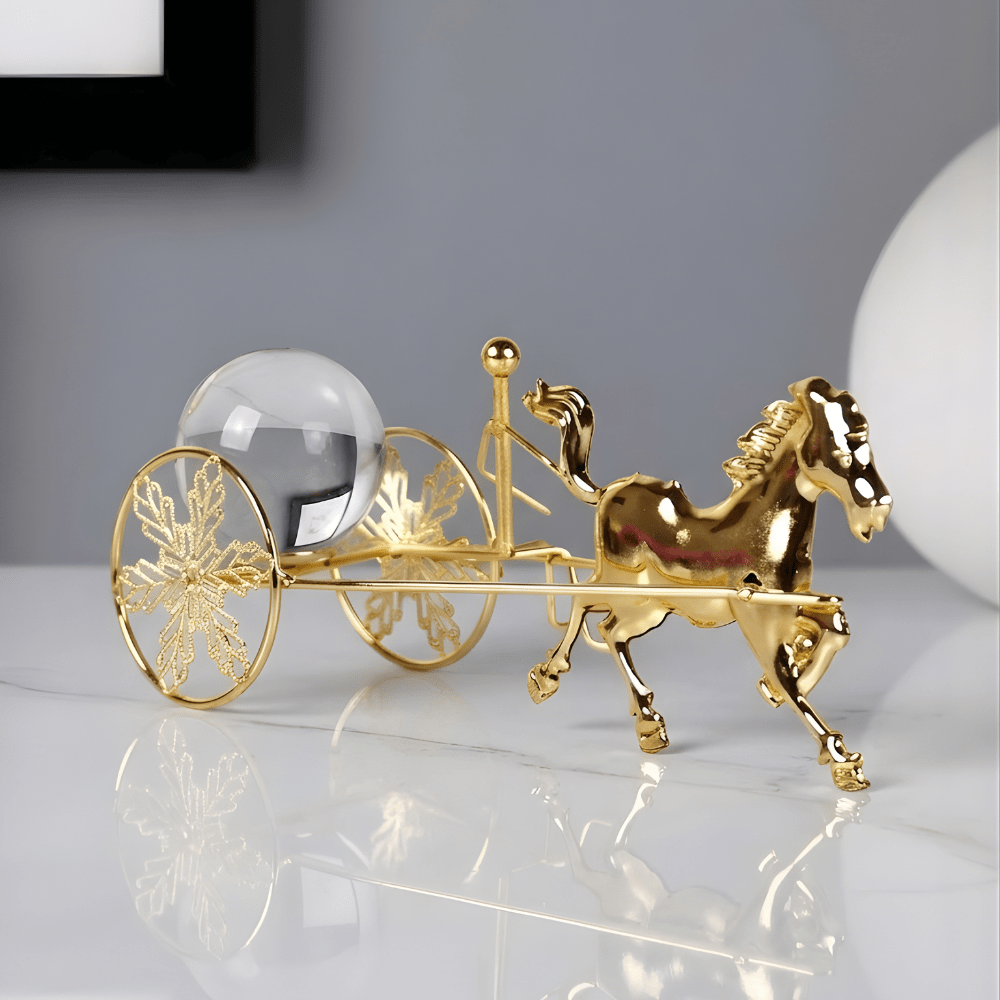 Golden Horse Carriage Showpiece Luxury Metal Decor with Glass Crystal Ball - Memories InsiteGOLDEN HORSE CARRIAGE SCULPTURE
